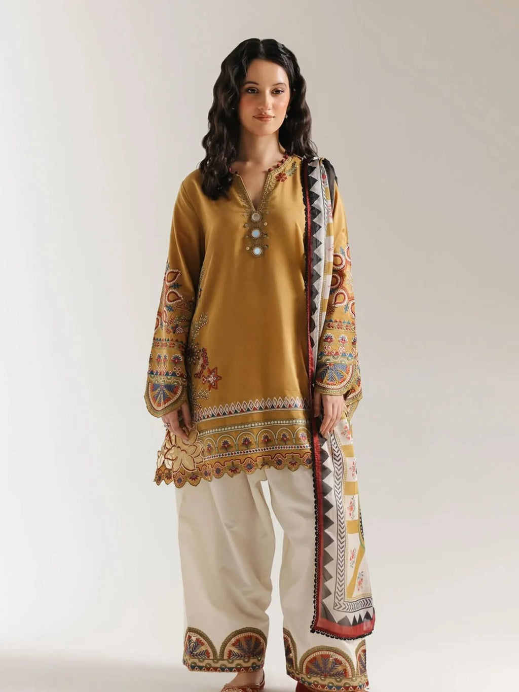 Mustard Bloom – 3 Piece Embroidered Suit