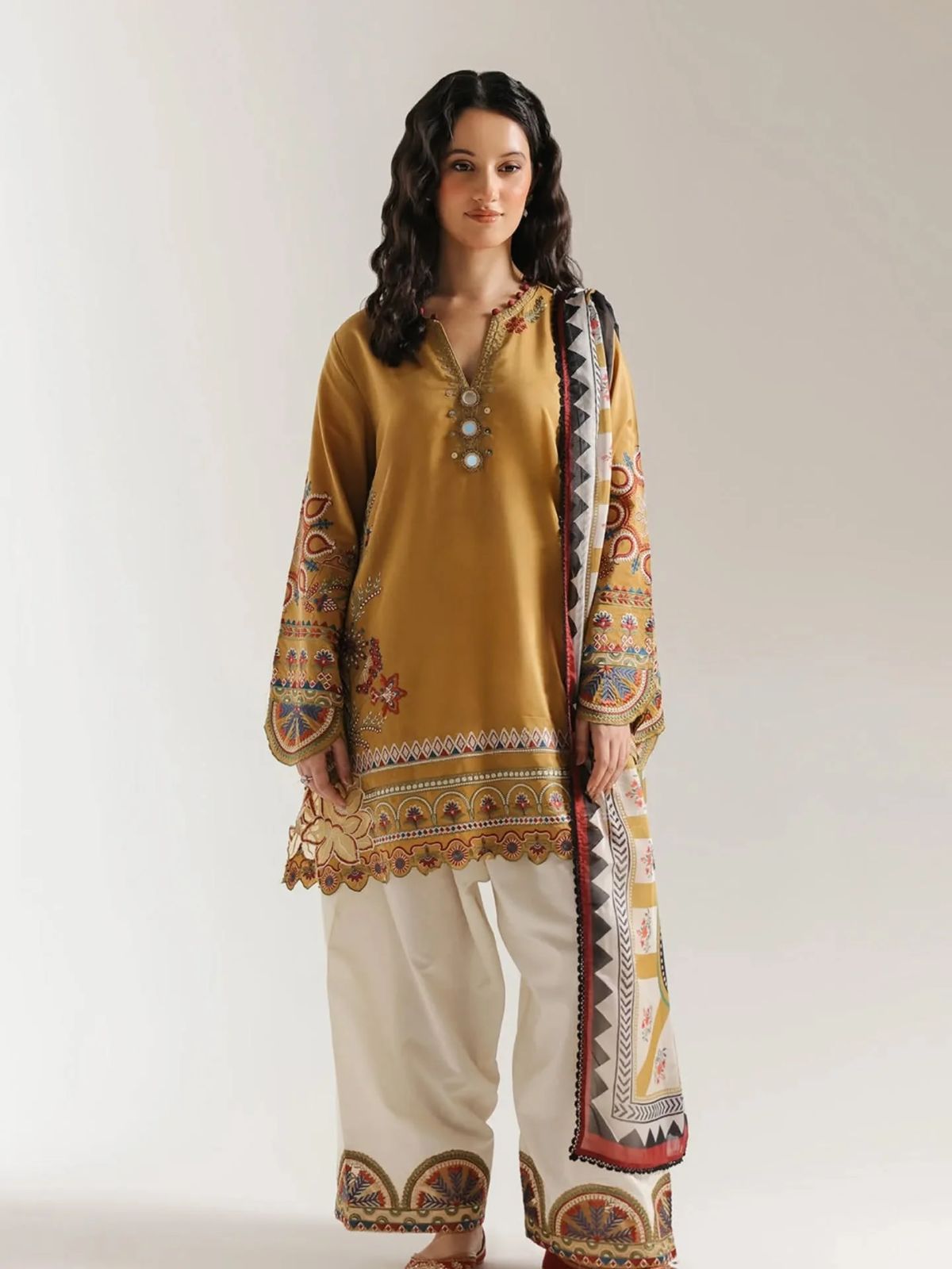 Mustard Bloom – 3 Piece Embroidered Suit